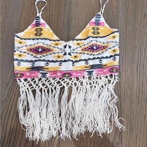 Millau Multicolor Aztec Fringe Crop Top